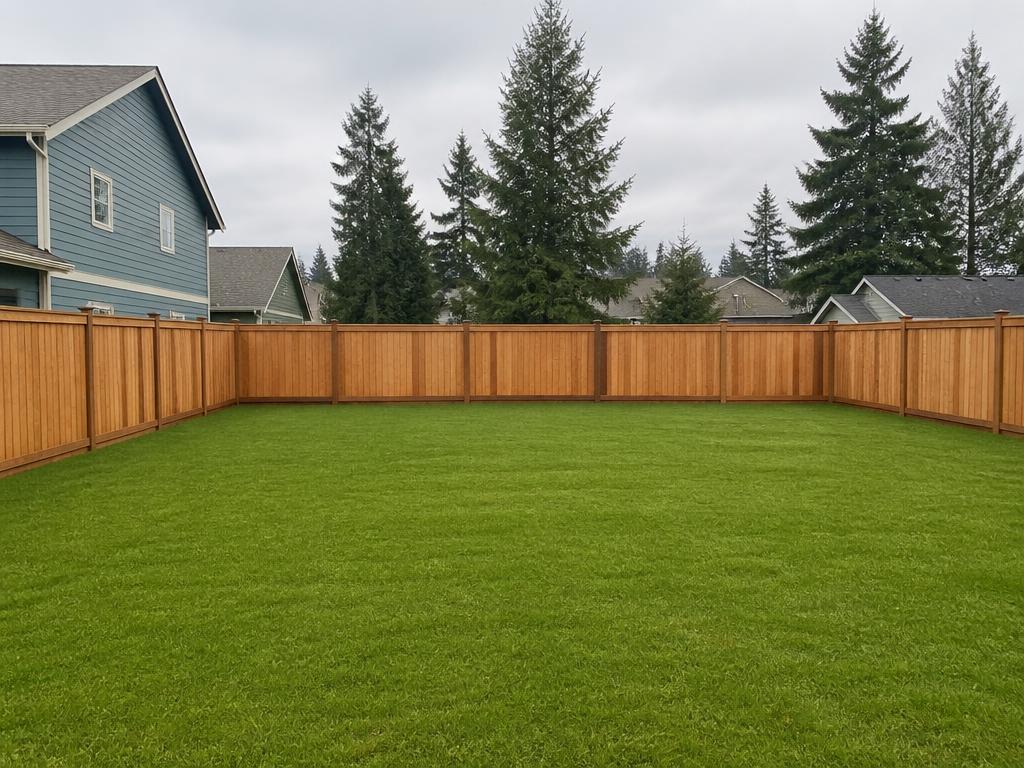 The same backyard fully cleared with clean grass after Wild Roots Hauling
