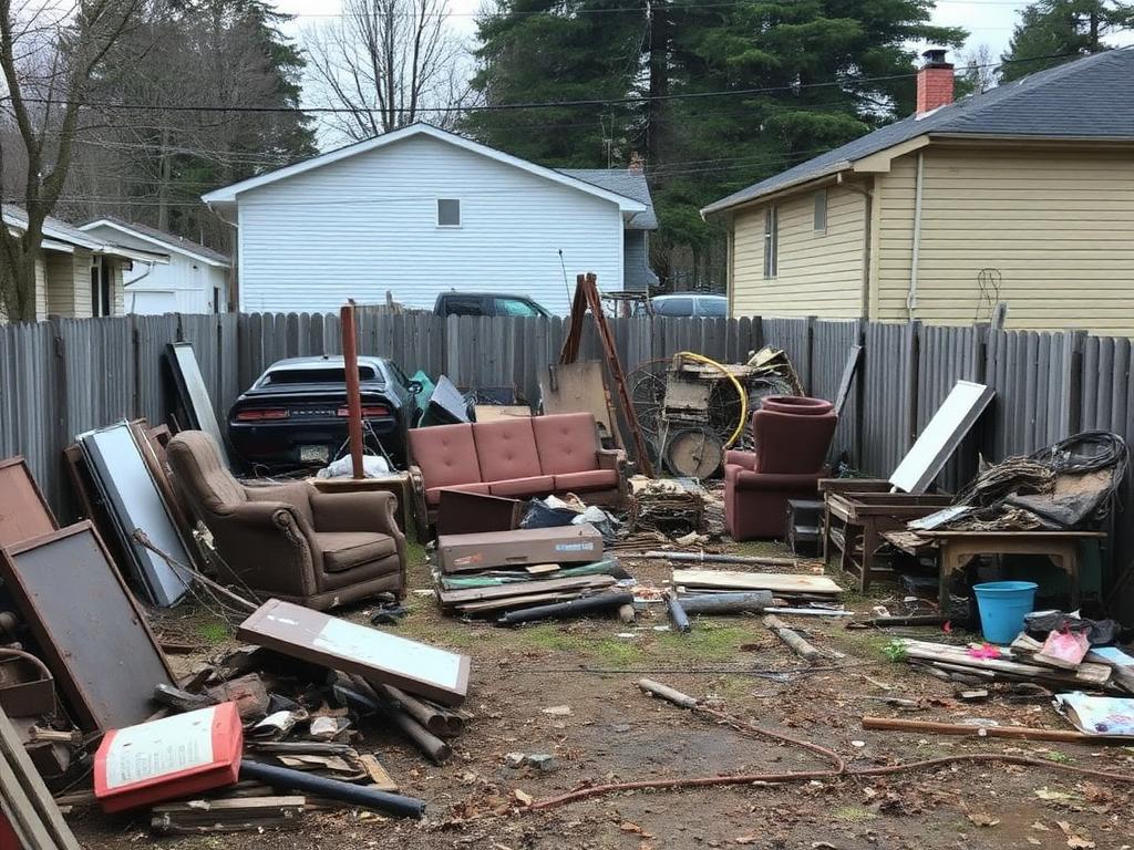 Backyard filled with debris, old furniture and scrap metal before cleanup